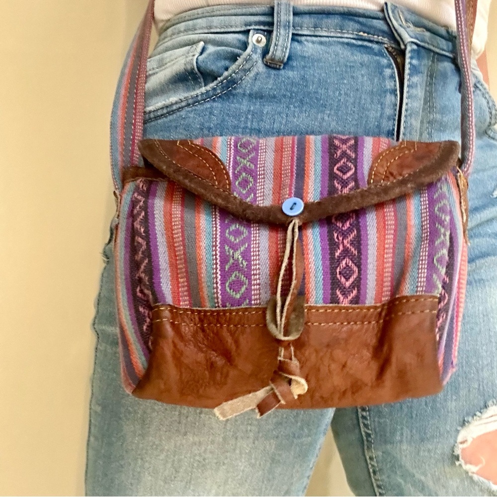 Colourful Fabric Boho Southwestern Crossbody Mini Bag Pouch with Leather Trim.